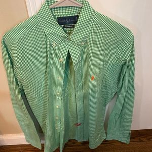 Polo Button Down Gingham Plaid Green Classic Fit Medium